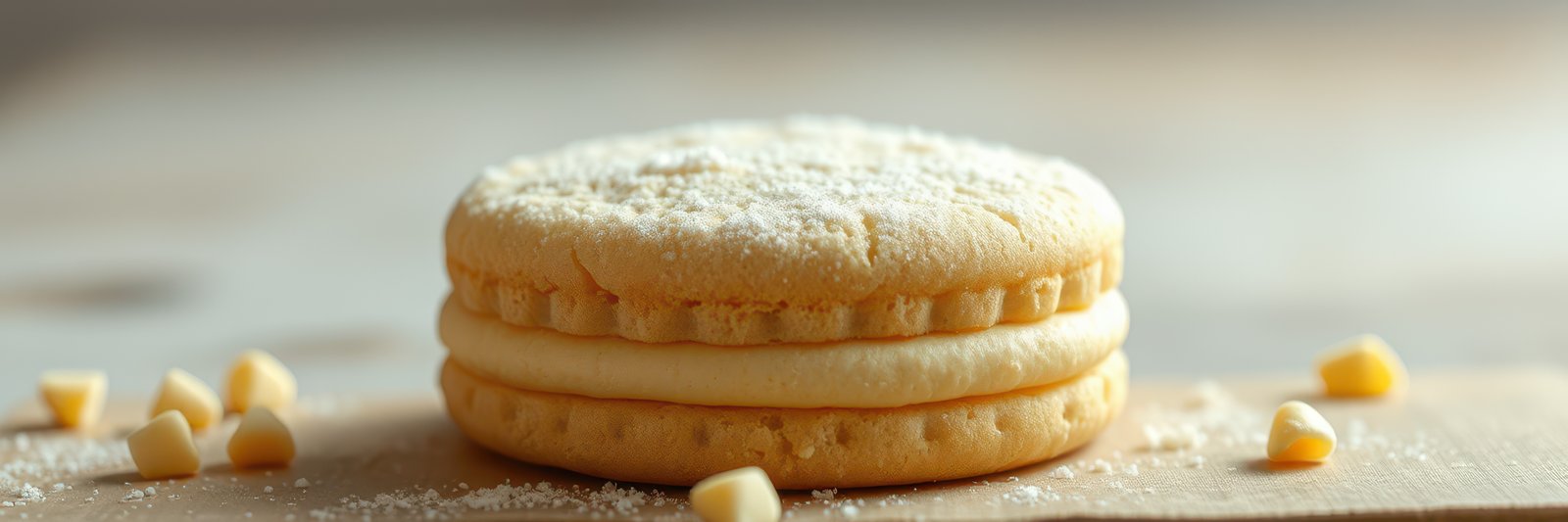 Delicate cream-filled cookies dusted with powdered sugar served on a wooden board